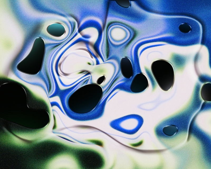 Abstract fluid artwork with swirling green, blue, and white gradients, featuring organic black void shapes creating a surreal, melting texture.